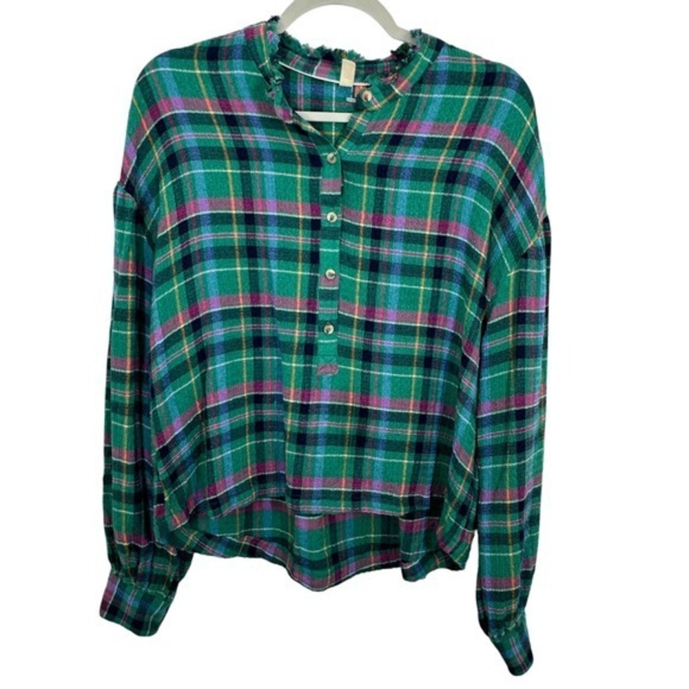 PILCRO by Anthropologie Plaid Popover Shirt Green Pink Blue Yellow Fringe Collar
